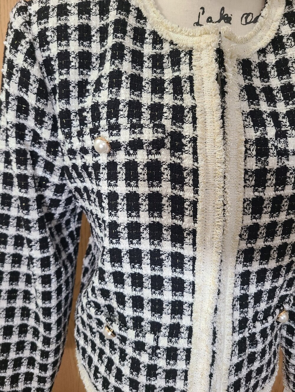 Tahari Black And White Old Money Classic Houndstooth Tweed Blazer Jacket - Picture 2 of 4